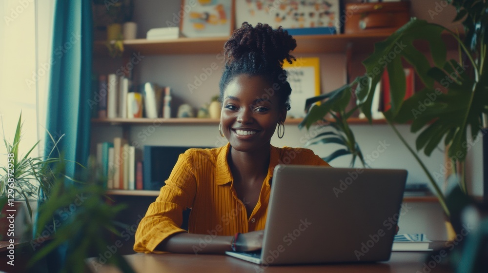 Poster vibrant video call interaction with diverse individuals smiling from a laptop screen during an onlin