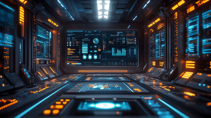 Naklejka premium Futuristic workspace with digital interfaces and glowing screens, showcasing advanced technology and data visualization