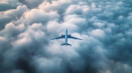 Fototapeta premium Airplane flying above fluffy clouds.