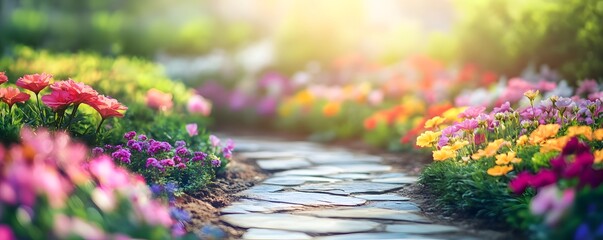 Obraz premium A winding stone path amidst a vibrant and colorful garden