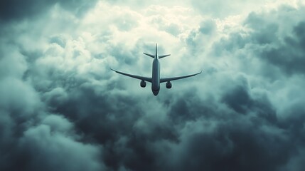 Airplane soaring through dramatic cloudy skies.