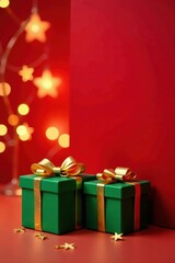 Fototapeta premium Festive Green Presents with Gold Accents and Sparkling Star Lights on Red Background
