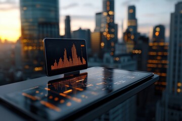 Modern cityscape with a laptop displaying a virtual fireplace at sunset.