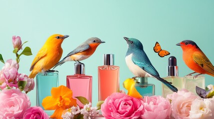 Colorful birds with perfume bottles and flowers.