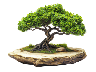 A beautiful bonsai tree with intricate roots and vibrant green leaves, symbolizing nature.