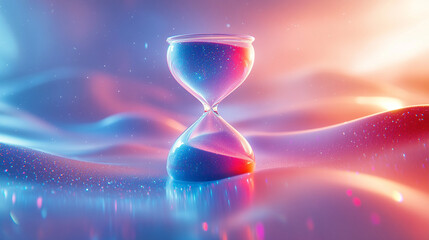 A futuristic hourglass with glowing sand against a bright white background, symbolizing time, change, and the passage of moments, showcasing a sleek and modern design