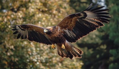Majestic Golden Eagle in Flight with Outstretched Wings Gliding Over a Scenic Forest Background During Bright Sunny Daylight