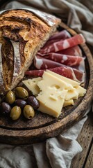 Rustic Table Setting with Sourdough Bread, Cheese, Prosciutto, and Olives