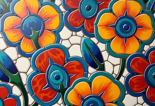 Gaudi-Inspired Mosaic Tile Pattern: A Seamless and Vibrant Design with Irregular Shapes, Reflecting Artistic Ceramics, Mediterranean Feel, and Playful Compositions.

