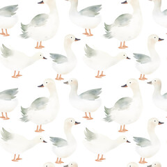 Obraz premium Seamless pattern with watercolor geese isolated on white background.