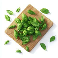 Fresh basil leaves on wooden board isolated in bright light