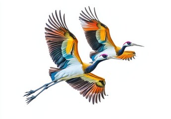 Obraz premium Colorful Cranes in Flight Showcasing Graceful Movement and Elegant Feathers Against a White Background