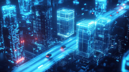 Obraz premium A futuristic urban scene shows a glowing data center and illuminated streets, symbolizing smart city innovation