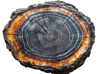 A detailed view of a cross-section of a tree stump showing growth rings.