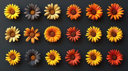 A vibrant arrangement of 3D rendered, warm-toned daisies.