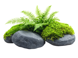 A serene arrangement of green ferns and moss atop smooth stones, perfect for relaxation.