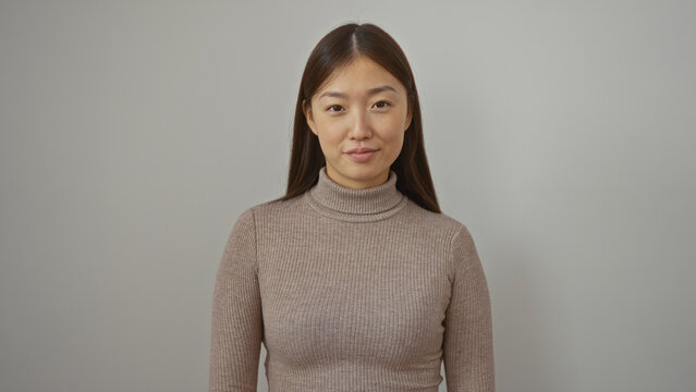 Woman with long hair smiling softly stands against a neutral white background exuding confidence and beauty with an elegant and simple style.