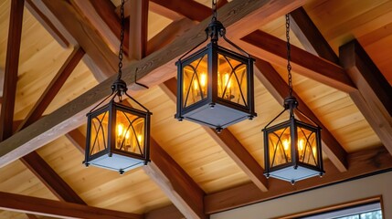 Obraz premium Rustic wooden beam ceiling with hanging lantern-style pendant lights for a cozy atmosphere.