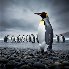Obraz premium Majestic Group of Emperor Penguins Standing on Rocky Shoreline Under Dramatic Sky with Dark Clouds and Ocean Waves in Background