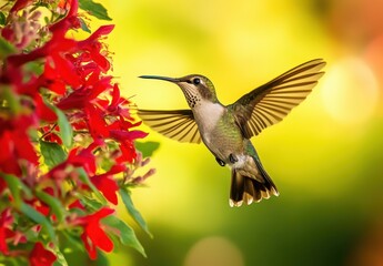 Fototapeta premium Colorful Hummingbird Hovering Near Red Flowers Against Vibrant Green Background in Garden Setting