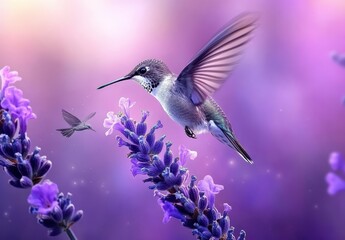 Fototapeta premium Colorful Hummingbird in Flight near Lavender Flowers with Soft Colorful Background, Nature Scene Showcasing Beauty of Wildlife and Flora