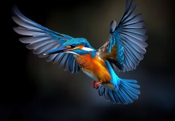Fototapeta premium Colorful kingfisher in flight showcasing vibrant blue and orange feathers, capturing the essence of wildlife photography and nature's beauty in action