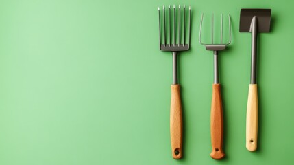 Naklejka premium Set of gardening tools including a trowel, rake, and pruning shears neatly arranged on a bright green background.