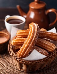 Crispy Churros Filled with Melted Chocolate and Cinnamon Sugar. Mexican dessert