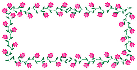 Spring template. Rectangular vintage frame from green branch and pink flowers isolated on white background. Beauty in nature. Summer banner. Copy space. Ad backdrop. Greeting card. Invitation. Leaf.