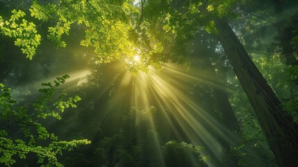 Obraz premium Sunlight Filtering Through Lush Green Canopy in Serene Forest Landscape