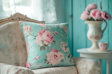 A vintage chair with a floral pillow and floral decorations