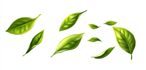 A beautiful set of green and yellow leaves arranged on a white background