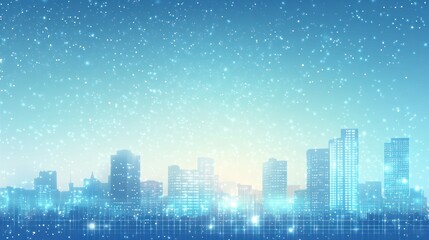 Naklejka premium Snowy city skyline at sunrise; winter urban scene