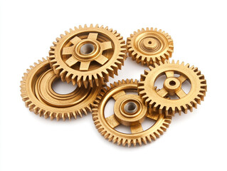 A collection of interlocking golden gears of various sizes, intricately arranged, showcasing the complexity and precision of mechanical engineering.