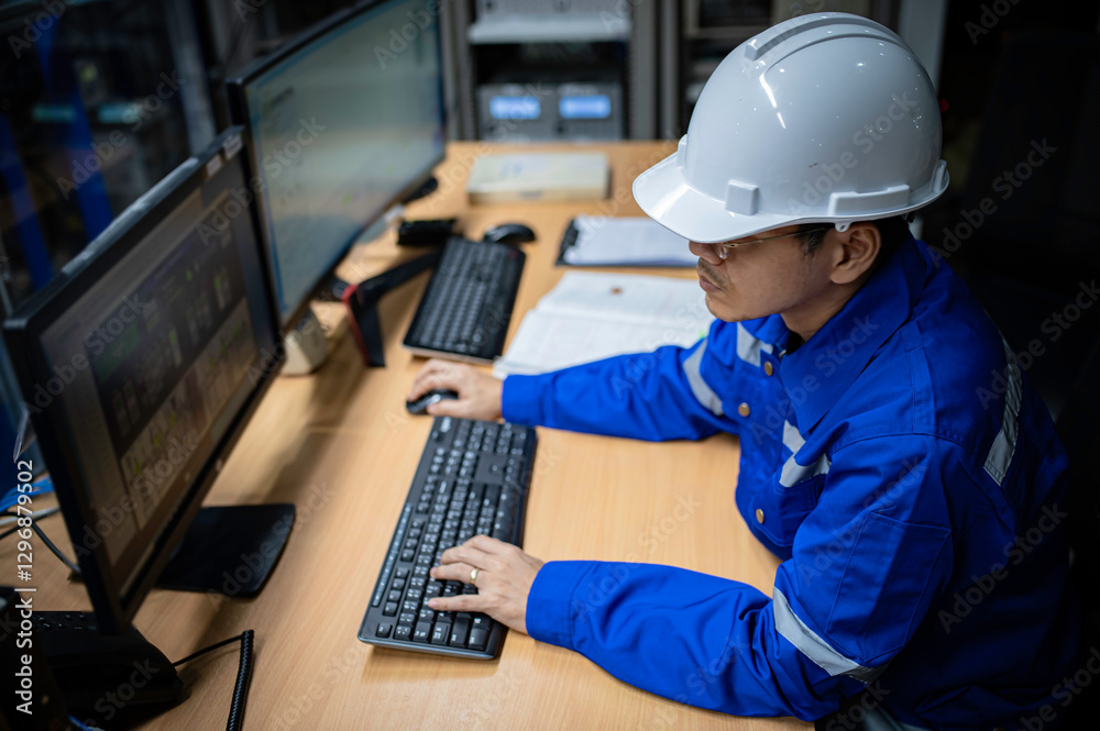 Wall mural engineer working at control room,manager control system,technician man monitoring program from a lot