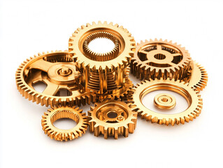 A collection of interlocking golden gears of various sizes, intricately arranged, showcasing the complexity and precision of mechanical engineering.