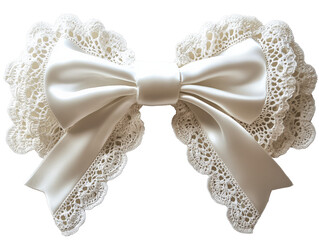 Elegant white lace bow with satin ribbons for fashion or decoration purposes.