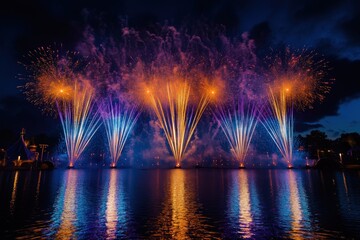 Fototapeta premium Fireworks are beautifully displayed over water at night