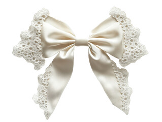 Elegant white satin bow with lace edges, perfect for decorating gifts or fashion accessories.