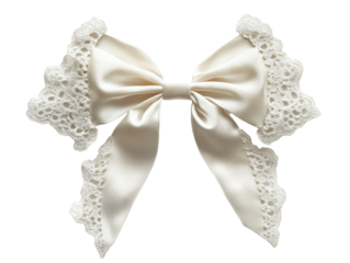 Elegant white satin bow with lace edges, perfect for decorating gifts or fashion accessories.