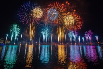 Fireworks are beautifully displayed over water at night