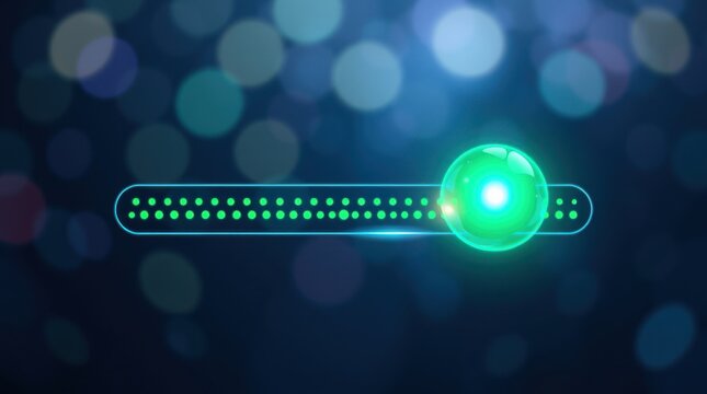 Green loading bar with a bright, glowing orb in a digital bokeh background against a dark blue backdrop.
