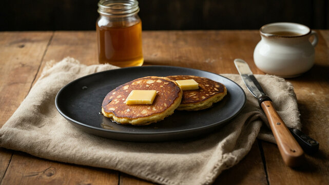 Johnny-cakes on a plate with syrup