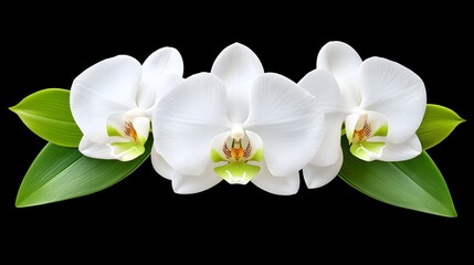Elegant White Orchid Blooms with Green Leaves on Black Background