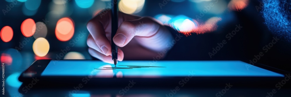 Poster Person designing digital artwork using stylus on tablet at night with colorful lights in the background. Generative AI