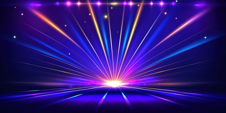Abstract futuristic glowing blue neon light lines with speed motion moving on dark blue background. - Powered by Adobe