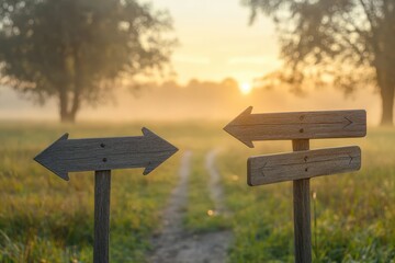 Two wooden signs point in opposite directions on a dirt road