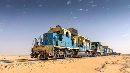 A powerful diesel locomotive of the ore train that crosses the Sahara desert in Mauritania