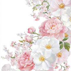 Naklejka premium beautiful floral arrangement featuring pink and white peonies, cherry blossoms, and delicate flowers against white background, evoking sense of tranquility and elegance