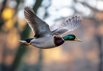 Obraz premium Majestic Mallard Duck in Flight with Vibrant Plumage Against a Soft Background in Early Morning Light